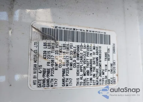 2015 Nissan Rogue Select S z USA, uszkodzony, nr VIN JN8AS5MT4FW663016